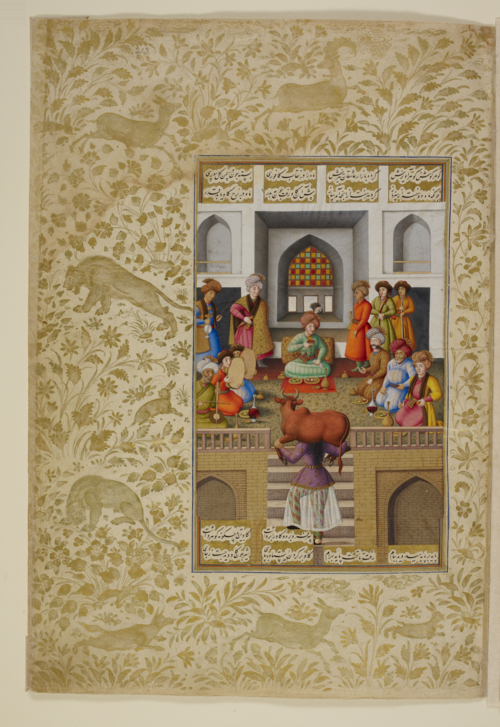 The servant girl Fitnah impresses Bahram Gur with her strength by carrying an ox on her shoulders, 1675, Mohammad Zaman