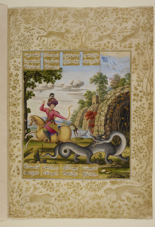 Bahram Gur proves his worthiness by killing a dragon and recovering treasure from a cave, 1675, Mohammad Zaman