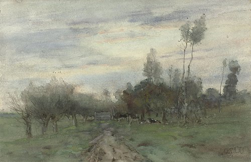 Route de campagne avec vaches au crépuscule, 1500, Geo Poggenbeek