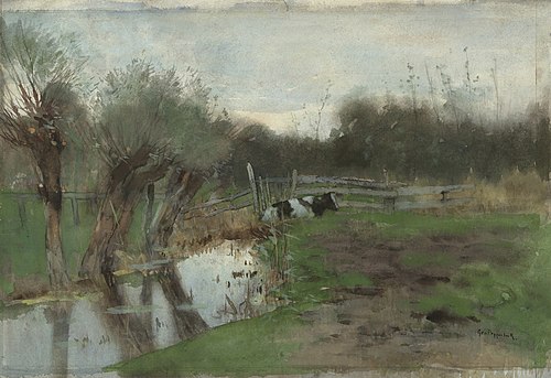 Weiland met liggende koe bij een sloot, 1879, Geo Poggenbeek