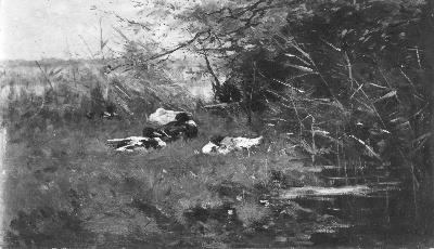 Eenden in het gras bij sloot, 1887, Geo Poggenbeek