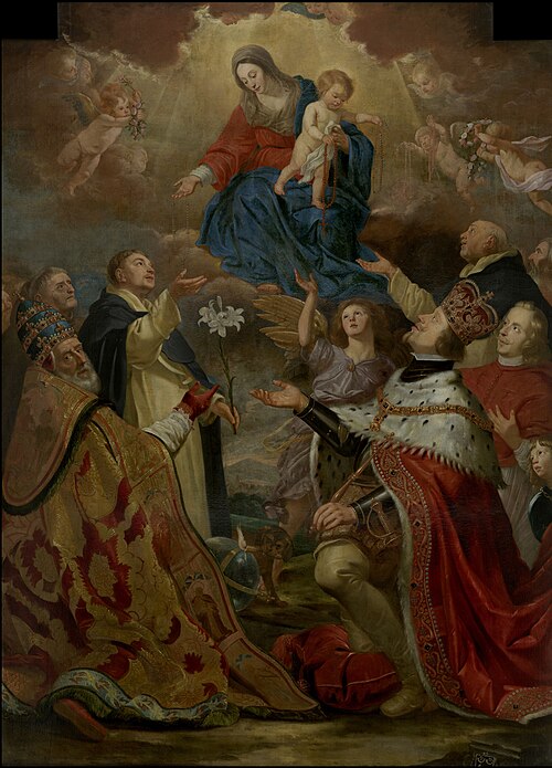 Notre Dame du Rosaire vénérée par saint Dominique, le Pape Grégoire XIII, le Roi Philippe IV d'Espag, , Antoine van den Heuvel
