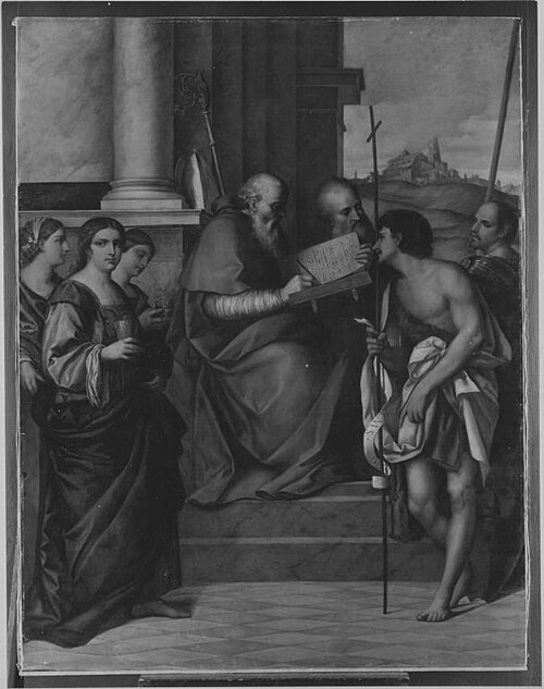 Thronender hl. Johannes Chrysostomus mit Heiligen (nach Sebastiano del Piombo), 1871, August Wolf