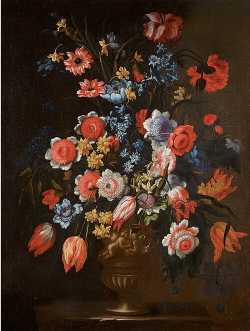 Floral Still Lifes of Bouquets of Flowers in Sculpted Urns, , Francesco Mantovano