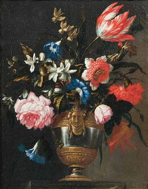 Flowers in a vase with a sculpted mask, 1650, Francesco Mantovano