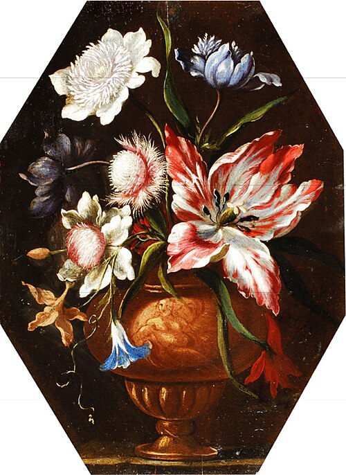Still life of flowers in an urn on a ledge, 1650, Francesco Mantovano