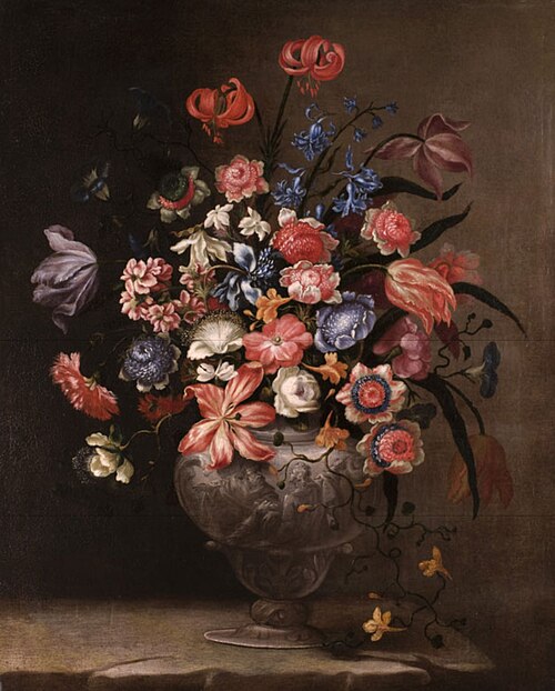Still life of flowers in a vase., 1650, Francesco Mantovano