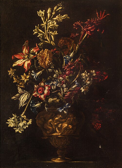 Flowers in a sculpted vase, 1650, Francesco Mantovano
