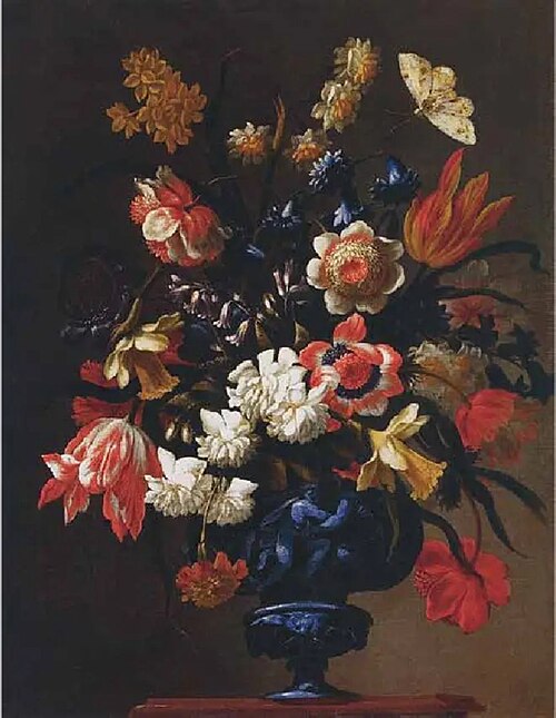 Flowers in a blue sculpted vase, 1650, Francesco Mantovano