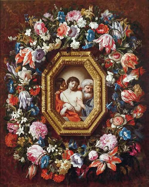 Flowers in a blue sculpted vase, 1650, Francesco Mantovano