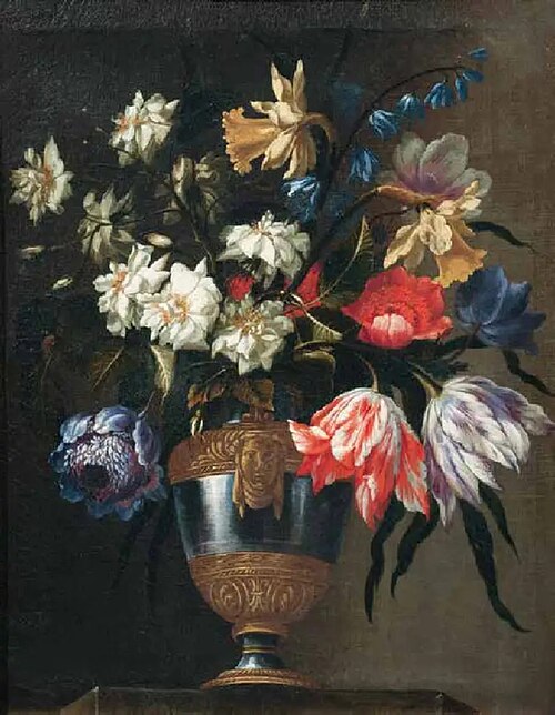 Flowers in a vase with a sculpted mask (2), 1650, Francesco Mantovano