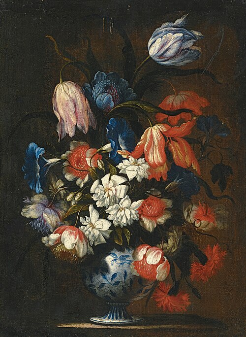 Still life with tulips, carnations and other flowers in a blue and white porcelain vase, 1650, Francesco Mantovano
