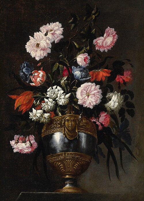 Still life of roses, tulips, anemones and peonies in a vase ornamented with a grotesque mask, 1650, Francesco Mantovano