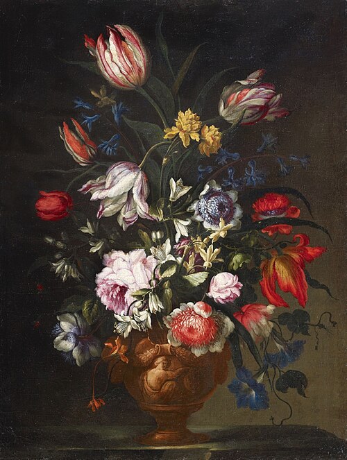 Flowers in an antique style relief vase, 1650, Francesco Mantovano