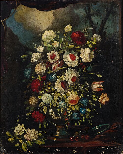 Flowers in a vase on a stone ledge (2), 1650, Francesco Mantovano