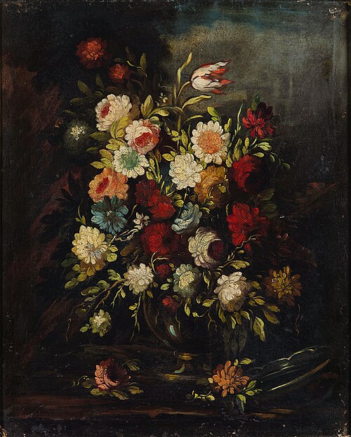 Flowers in a vase on a stone ledge (1), 1650, Francesco Mantovano