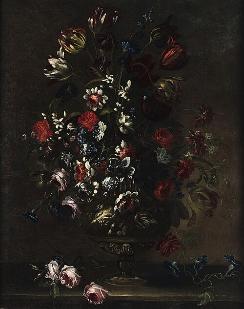Flowers in a decorative vase, 1650, Francesco Mantovano