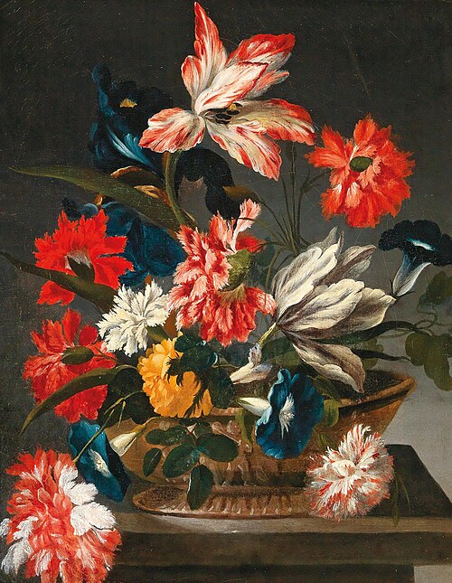 Flowers in a decorative vase on a stone ledge, 1650, Francesco Mantovano