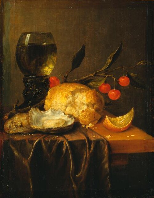 Still life with a wineglass, oysters, bread and a cherry branch, 1657, Philips Gijsels