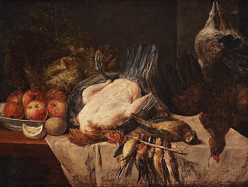 Still life with birds and fruits, 1650, Philips Gijsels