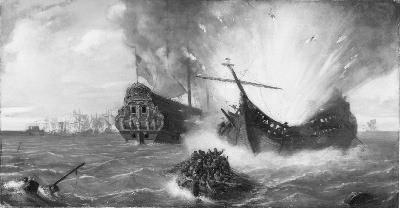Anno 1677. Roemer Vlacq laat zich in de baai van Tobago in de lucht vliegen, 1866, Barend Wijnveld