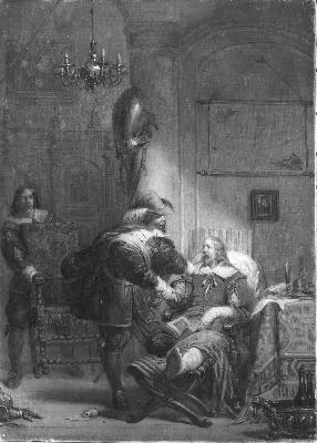 Anno 1630. Frederik Hendrik bezoekt graaf Jan van Nassau in diens gevangenis te Wezel, 1866, Barend Wijnveld