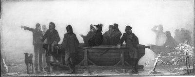 Anno 1861. Schaatsenrijders wijzen koning Willem III de weg tijdens de watersnood in de Bommelerwaar, 1866, Barend Wijnveld