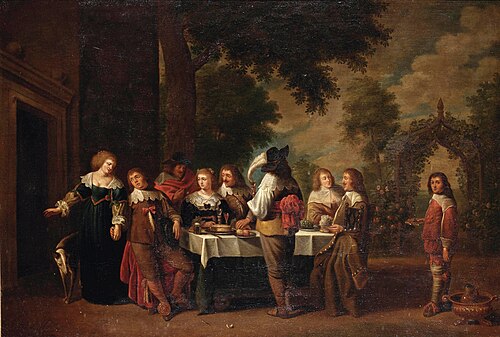 An elegant company dining and making merry in a garden, 1650, Christoffel Jacobsz van der Laemen