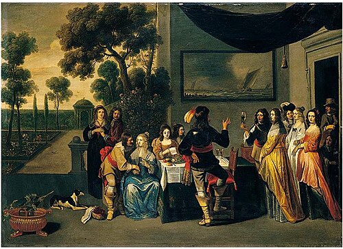 Elegant company on a terrace, 1650, Christoffel Jacobsz van der Laemen