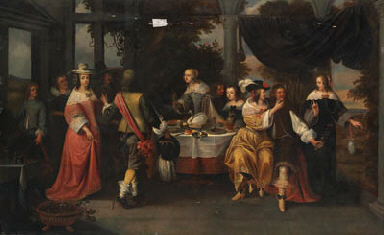 Elegant company at a table, 1650, Christoffel Jacobsz van der Laemen