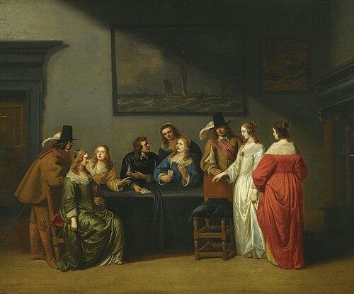 Interior with figures playing cards, 1650, Christoffel Jacobsz van der Laemen