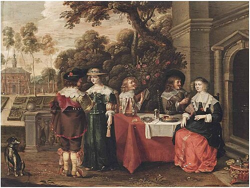 Elegant company eating, drinking and music-making in a garden, 1650, Christoffel Jacobsz van der Laemen