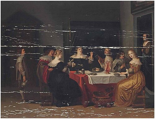 Elegant company drinking and merry-making in an interior, 1650, Christoffel Jacobsz van der Laemen