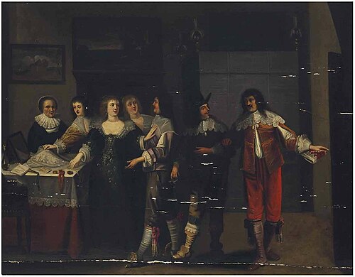 Elegant company admiring a lace collar and other luxurious objects, 1650, Christoffel Jacobsz van der Laemen