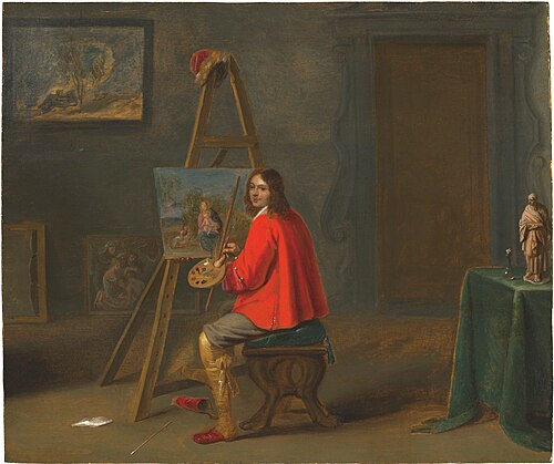 Portrait of the artist seated before an easel, 1650, Christoffel Jacobsz van der Laemen
