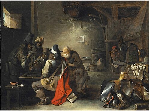A soldier playing tric-a-trac with peasants in a tavern, 1650, Christoffel Jacobsz van der Laemen