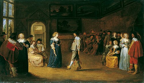 Elegant company engaging in dance, music making and conversation in an interior, 1640, Christoffel Jacobsz van der Laemen