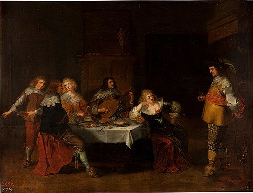 Elegant company in an interior oder Banquet of courtesans and soldiers, 1630, Christoffel Jacobsz van der Laemen
