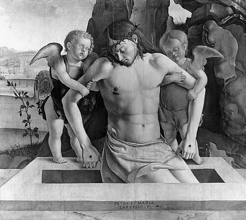 The dead Christ supported by two angels, , Pier Maria Pennacchi