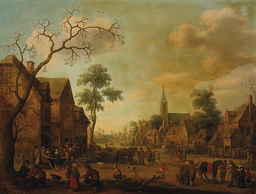 A village with townsfolk gathered in the street, , Joost Cornelisz. Droochsloot