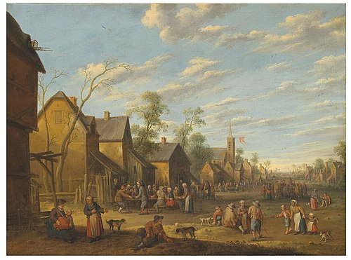 A village with peasants merrymaking outside a tavern, , Joost Cornelisz. Droochsloot