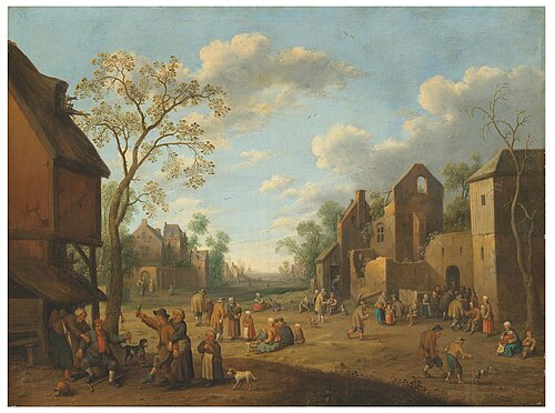 A village with peasants and a feud in the foreground, , Joost Cornelisz. Droochsloot