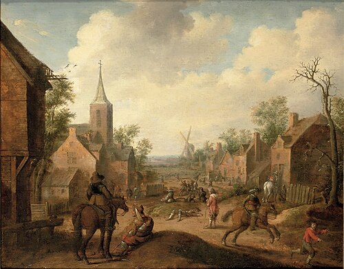 Soldiers plundering a village, 1650, Joost Cornelisz. Droochsloot