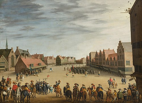 The disbanding of the 'waardgelders' by prince Maurice of Orange on the Neude in Utrecht, 31 July 16, 1629, Joost Cornelisz. Droochsloot