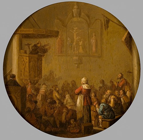 Kerkinterieur tijdens preek, , Joost Cornelisz. Droochsloot