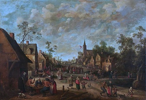 Peasants feasting in a village, 1666, Joost Cornelisz. Droochsloot