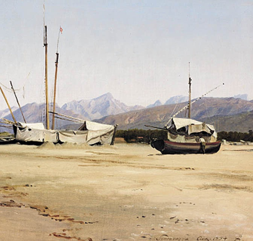 Boats on the beach at Serravezza., 1854, Peter Christian Skovgaard