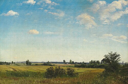 Landscape with a clear sky and a view over a flat countryside, Sjælland, 1864, Peter Christian Skovgaard