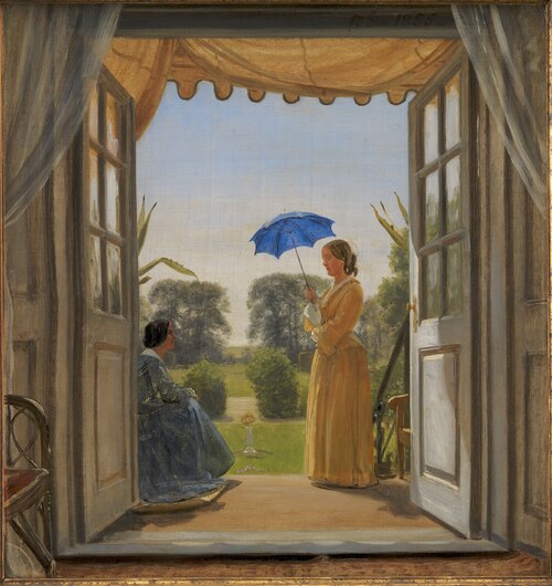 Caroline Dalgas og Jeanina Stampe på Nysø havetrappe, 1855, Peter Christian Skovgaard