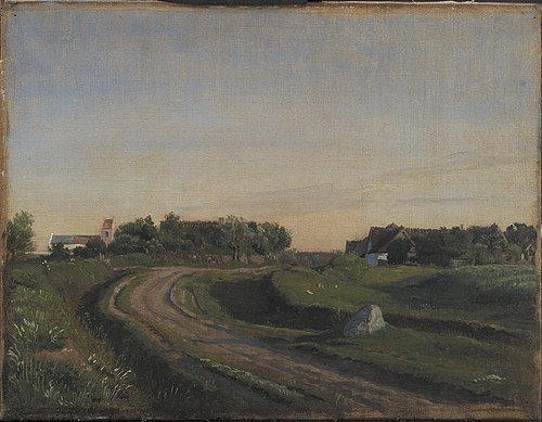 Vejby with the Church seen from the North. Evening Light. Zealand, 1843, Peter Christian Skovgaard